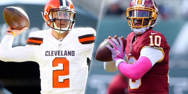 Nov 15, 2015; Pittsburgh, PA, USA; Cleveland Browns quarterback Johnny Manziel (2) passes the ball against the Pittsburgh Steelers during the first quarter at Heinz Field. Mandatory Credit: Charles LeClaire-USA TODAY Sports Oct 18, 2015; East Rutherford, NJ, USA; Washington Redskins quarterback Robert Griffin (10) warms up prior to the game against the New York Jets at MetLife Stadium. Mandatory Credit: Brad Penner-USA TODAY Sports