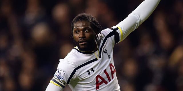 LONDON, ENGLAND - JANUARY 21: Emmanuel Adebayour of Spurs reacts during the Capital One Cup Semi-Final first leg match between Tottenham Hotspur and Sheffield United at White Hart Lane on January 21, 2015 in London, England. (Photo by Jamie McDonald/Getty Images)