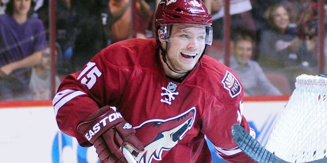 Sep 27, 2013; Glendale, AZ, USA; Phoenix Coyotes center Max Domi (15) celebrates after a goal by right wing Radim Vrbata (17) during the second period against the San Jose Sharks at Jobing.com Arena. Mandatory Credit: Matt Kartozian-USA TODAY Sports