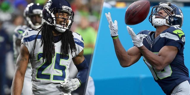 Cornerback Richard Sherman #25 of the Seattle Seahawks reacts on the field during the NFL game against the Arizona Cardinals at University of Phoenix Stadium on January 3, 2016 in Glendale, Arizona. The Seahawks defeated the Cardinals 36-6. (Photo by Norm Hall/Getty Images) Tyler Lockett #16 of the Seattle Seahawks catches a touchdown pass against the Carolina Panthers in the 3rd quarter during the NFC Divisional Playoff Game at Bank of America Stadium on January 17, 2016 in Charlotte, North Carolina. (Photo by Patrick Smith/Getty Images)