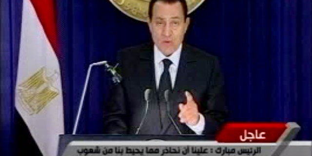 Jan. 28: In this image made from video broadcast on Al-Jazeera, Egyptian President Hosni Mubarak appears on television.