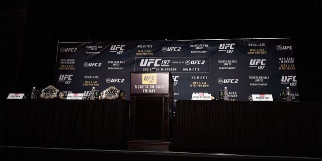 LAS VEGAS, NV - JANUARY 20: A general view of the stage during the UFC 197 on-sale press conference event inside MGM Grand Hotel & Casino on January 20, 2016 in Las Vegas, Nevada. (Photo by Jeff Bottari/Zuffa LLC/Zuffa LLC via Getty Images)