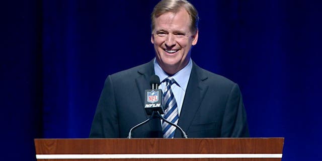Jan 31, 2014; New York, NY, USA; NFL commissioner Roger Goodell addresses the media at Rose Theater in advance of Super Bowl XLVIII. Mandatory Credit: Kirby Lee-USA TODAY Sports