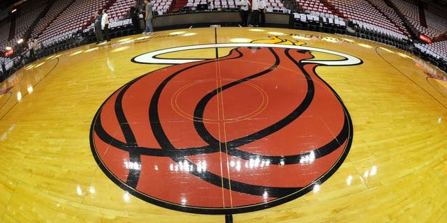 Jun 9, 2013; Miami, FL, USA; General view of the Miami Heat logo on the court during the first quarter of game two of the 2013 NBA Finals against the San Antonio Spurs at the American Airlines Arena. Mandatory Credit: Steve Mitchell-USA TODAY Sports