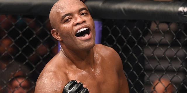 LAS VEGAS, NV - JANUARY 31: Anderson Silva reacts to his victory over Nick Diaz in their middleweight bout during the UFC 183 event at the MGM Grand Garden Arena on January 31, 2015 in Las Vegas, Nevada. (Photo by Josh Hedges/Zuffa LLC/Zuffa LLC via Getty Images)