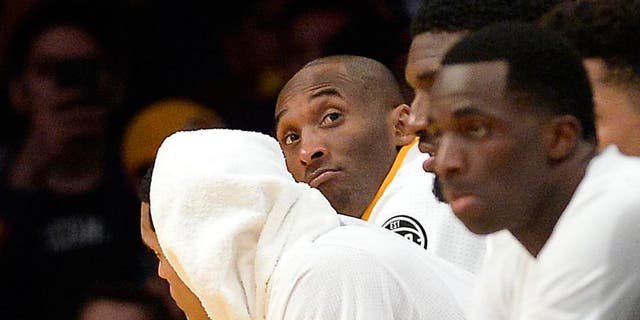 Jan 31, 2016; Los Angeles, CA, USA; Los Angeles Lakers forward Kobe Bryant (24) sits on the bench during the fourth quarter against the Charlotte Hornets at Staples Center. Mandatory Credit: Richard Mackson-USA TODAY Sports