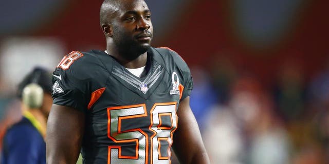 Jan 25, 2015; Phoenix, AZ, USA; Baltimore Ravens linebacker Elvis Dumervil (58) during the 2015 Pro Bowl at University of Phoenix Stadium. Mandatory Credit: Mark J. Rebilas-USA TODAY Sports