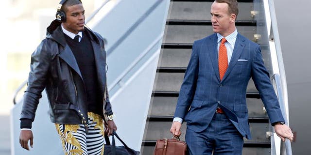 Carolina Panthers' Cam Newton gets off the plane at the Mineta San Jose International Airport as they arrive for the NFL Super Bowl football game Sunday, Jan. 31, 2016, in San Jose, Calif. The Panthers play the Denver Broncos on Sunday, Feb. 7, 2015, in Super Bowl 50. (AP Photo/Charlie Riedel), Jan 31, 2016; San Jose, CA, USA; Denver Broncos quarterback Peyton Manning exits a plane during team arrivals at the Mineta San Jose International Airport in preparation of Super Bowl 50 against the Carolina Panthers. Mandatory Credit: Cary Edmondson-USA TODAY Sports