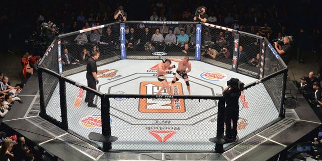LAS VEGAS, NV - DECEMBER 11: An overhead view of the Octagon as Jason Knight punches Tatsuya Kawajiri in their featherweight bout during the TUF Finale event inside The Chelsea at The Cosmopolitan of Las Vegas on December 11, 2015 in Las Vegas, Nevada. (Photo by Brandon Magnus/Zuffa LLC/Zuffa LLC via Getty Images)