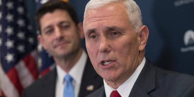 In this Jan. 4, 2017 photo, Vice President-elect Mike Pence, joined by House Speaker Paul Ryan of Wis., speaks during a news conference on Capitol Hill in Washington. Mike Pence, who spent a dozen years in Congress before becoming Indiana’s governor, is making frequent visits to Capitol Hill and promising close coordination with lawmakers as Donald Trump prepares to enter the White House. (AP Photo/J. Scott Applewhite)