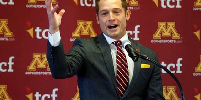 New University of Minnesota head football coach for the NCAA Golden Gophers addresses the media after he was introduced during a news conference Friday, Jan.7, 2017, in Minneapolis. He replaces Tracy Claeys who was fired earlier in the week. (AP Photo/Jim Mone)