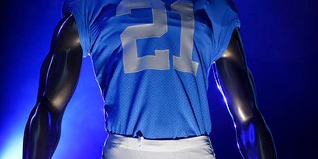 One of four new Detroit Lions uniforms is displayed at Ford Field in Detroit on Thursday, April 13, 2017. (Clarence Tabb Jr./The Detroit News via AP)