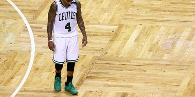 BOSTON, MA - APRIL 16: Isaiah Thomas #4 of the Boston Celtics looks on during the fourth quarter of the Celtics 106-102 loss to the Chicago Bulls during Game One of the Eastern Conference Quarterfinals at TD Garden on April 16, 2017 in Boston, Massachusetts. NOTE TO USER: User expressly acknowledges and agrees that, by downloading and or using this Photograph, user is consenting to the terms and conditions of the Getty Images License Agreement. (Photo by Maddie Meyer/Getty Images)