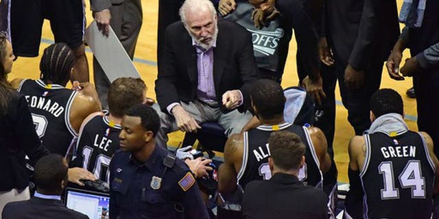 MEMPHIS, TN - APRIL 27: Head coach Gregg Popovich of the San Antonio Spurs coaches during the first half of Game 6 of the Western Conference Quarterfinals against the Memphis Grizzlies during the 2017 NBA Playoffs at FedExForum on April 27, 2017 in Memphis, Tennessee. NOTE TO USER: User expressly acknowledges and agrees that, by downloading and or using this photograph, User is consenting to the terms and conditions of the Getty Images License Agreement. (Photo by Frederick Breedon/Getty Images)