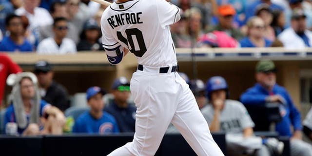 San Diego Padres' Hunter Renfroe hits a grand slam against the Chicago Cubs during the fourth inning of a baseball game in San Diego, Monday, May 29, 2017. (AP Photo/Alex Gallardo)