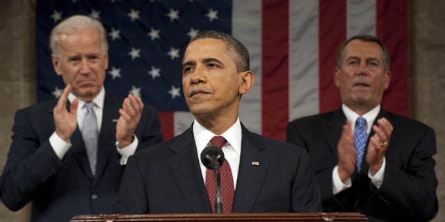 FILE -- Jan. 24, 2013: President Obama delivers his State of the Union address on Capitol Hill, as Vice President Joe Biden and House Speaker John Boehner, right, applaud.