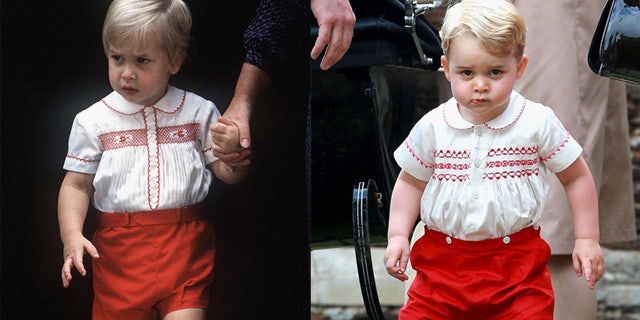 Prince William wore a white top with red embroidery and red shorts to visit Prince Harry in the hospital in 1984, while Prince George sported a similar ensemble in 2015 to Princess Charlotte's christening.