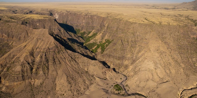A bird's-eye view of a gorge in the East African Rift at Engaruka, Tanzania.
