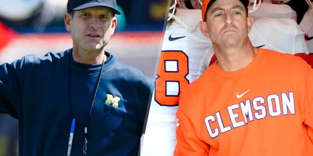 Apr 4, 2015; Ann Arbor, MI, USA; Michigan Wolverines head coach Jim Harbaugh is seen during the Spring football game at Michigan Stadium. Mandatory Credit: Rick Osentoski-USA TODAY Sports Oct 31, 2015; Raleigh, NC, USA;Clemson Tigers head coach Dabo Swinney (center) prepares to lead his team onto the field prior to the first half against the North Carolina State Wolfpack at Carter Finley Stadium. Mandatory Credit: Rob Kinnan-USA TODAY Sports