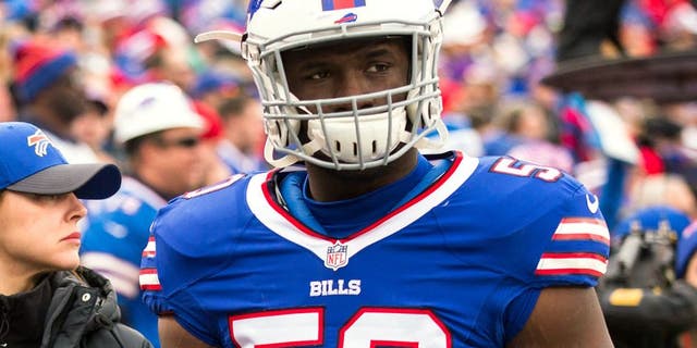 ORCHARD PARK, NY - DECEMBER 06: Tony Steward #50 of the Buffalo Bills heads to the locker room during the game against the Houston Texans on December 6, 2015 at Ralph Wilson Stadium in Orchard Park, New York. Buffalo defeats Houston 30-21. (Photo by Brett Carlsen/Getty Images)