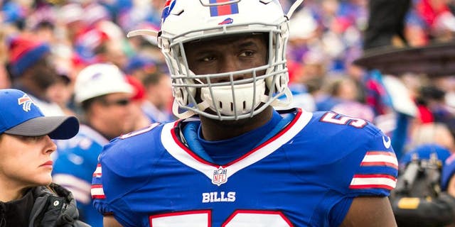 ORCHARD PARK, NY - DECEMBER 06: Tony Steward #50 of the Buffalo Bills heads to the locker room during the game against the Houston Texans on December 6, 2015 at Ralph Wilson Stadium in Orchard Park, New York. Buffalo defeats Houston 30-21. (Photo by Brett Carlsen/Getty Images)