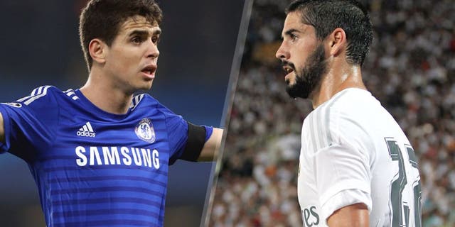 L - LONDON, ENGLAND - MARCH 11: Oscar of Chelsea reacts during the UEFA Champions League Round of 16, second leg match between Chelsea FC and Paris Saint-Germain FC at Stamford Bridge stadium on March 11, 2015 in London, England. (Photo by Jean Catuffe/Getty Images) R - GUANGZHOU, CHINA - JULY 27: Isco of Real Madrid looks on during the International Champions Cup China 2015 match between Real Madrid and FC Internazionale at Tianhe Stadium on July 27, 2015 in Guangzhou, China. (Photo by Zhong Zhi/Getty Images)