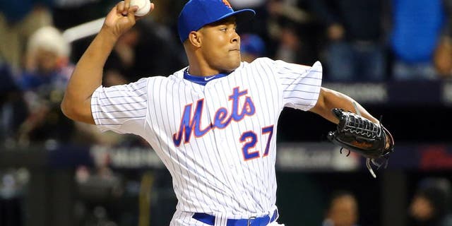 Oct 30, 2015; New York City, NY, USA; New York Mets relief pitcher Jeurys Familia throws a pitch against the Kansas City Royals in the 9th inning in game three of the World Series at Citi Field. Mandatory Credit: Anthony Gruppuso-USA TODAY Sports