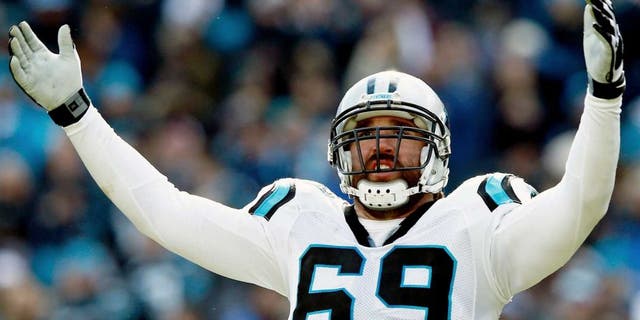CHARLOTTE, NC - JANUARY 17: Jared Allen #69 of the Carolina Panthers celebrates during the second quarter of the NFC Divisional Playoff Game against the Seattle Seahawks at Bank of America Stadium on January 17, 2016 in Charlotte, North Carolina. (Photo by Jamie Squire/Getty Images)