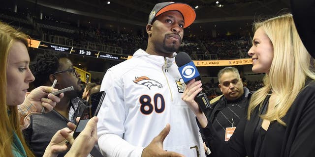 SAN JOSE, CA - FEBRUARY 01: Vernon Davis #80 of the Denver Broncos addresses the media at Super Bowl Opening Night Fueled by Gatorade at SAP Center on February 1, 2016 in San Jose, California. (Photo by Thearon W. Henderson/Getty Images)