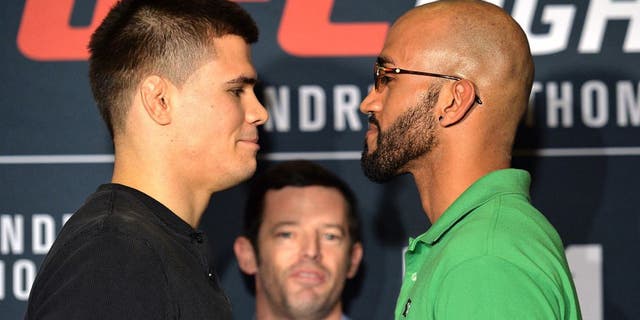 LAS VEGAS, NEVADA - FEBRUARY 03: (L-R) Mickey Gall and Mike Jackson face off during the Ultimate Media Day at the MGM Grand Hotel/Casino on February 3, 2016 in Las Vegas Nevada. (Photo by Brandon Magnus/Zuffa LLC/Zuffa LLC via Getty Images)