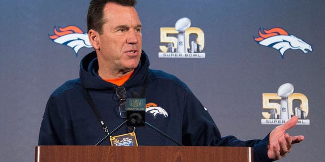 February 2, 2016; Santa Clara, CA, USA; Denver Broncos head coach Gary Kubiak addresses the media during a press conference prior to Super Bowl 50 at Santa Clara Marriott. Mandatory Credit: Kyle Terada-USA TODAY Sports