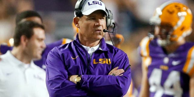 Sep 27, 2014; Baton Rouge, LA, USA; LSU Tigers head coach Les Miles against the New Mexico State Aggies during the second half of a game at Tiger Stadium. LSU defeated New Mexico State 63-7. Mandatory Credit: Derick E. Hingle-USA TODAY Sports