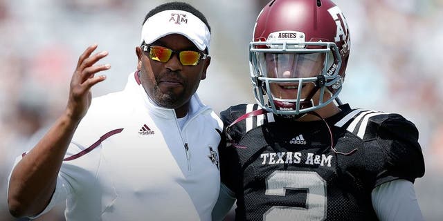 COLLEGE STATION, TX - APRIL 13: Head coach Kevin Sumlin of the Texas A&M Aggies chats with his quarterback Johnny Manziel #2 before the Maroon & White spring football game at Kyle Field on April 13, 2013 in College Station, Texas. (Photo by Scott Halleran/Getty Images)