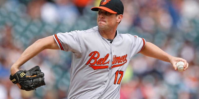 Jul 19, 2015; Detroit, MI, USA; Baltimore Orioles relief pitcher Brian Matusz (17) pitches during the eighth inning against the Detroit Tigers at Comerica Park. Orioles beat the Tigers 9-3. Mandatory Credit: Raj Mehta-USA TODAY Sports