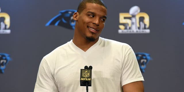 SAN JOSE, CA - FEBRUARY 02: Quarterback Cam Newton #1 of the Carolina Panther addresses the media prior to Super Bowl 50 at the San Jose Convention Center/ San Jose Marriott on February 2, 2016 in San Jose, California. (Photo by Thearon W. Henderson/Getty Images)