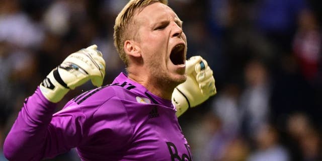 Sep 26, 2015; Vancouver, British Columbia, CAN; Vancouver Whitecaps goalkeeper David Ousted (1) reacts during the first half against the New York City FC at BC Place. Mandatory Credit: Anne-Marie Sorvin-USA TODAY Sports