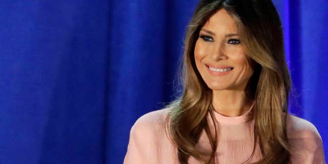 FILE - In this Nov. 3, 2016 file photo, Melania Trump, wife of then-Republican presidential candidate Donald Trump, speaks in Berwyn, Pa.