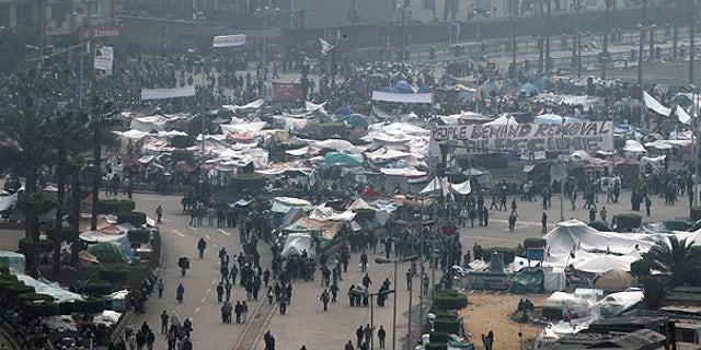 Feb. 7: Egyptian anti-government demonstrators gather in Tahrir Square, Cairo.