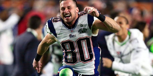 Feb 1, 2015; Glendale, AZ, USA; New England Patriots wide receiver Danny Amendola (80) celebrates their victory over the Seattle Seahawks 28-24 in Super Bowl XLIX at University of Phoenix Stadium. Mandatory Credit: Andrew Weber-USA TODAY Sports