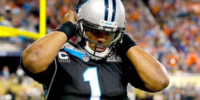 SANTA CLARA, CA - FEBRUARY 07: Cam Newton #1 of the Carolina Panthers reacts after being hit in the fourth quarter of Super Bowl 50 against the Denver Broncos at Levi's Stadium on February 7, 2016 in Santa Clara, California. (Photo by Kevin C. Cox/Getty Images)