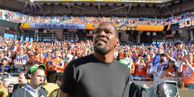Feb 7, 2016; Santa Clara, CA, USA; Oklahoma City Thunder forward Kevin Durant at Super Bowl 50 between the Carolina Panthers and the Denver Broncos at Levi's Stadium. Mandatory Credit: Robert Deutsch-USA TODAY Sports