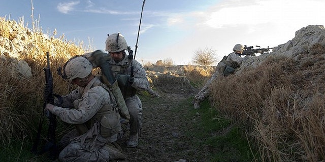 Feb. 8: U.S. Marines from 1st Battalion, 8th Marines, Bravo company patrol around Mirage patrol base, Musa Qala District, in Afghanistan's Helmand province.