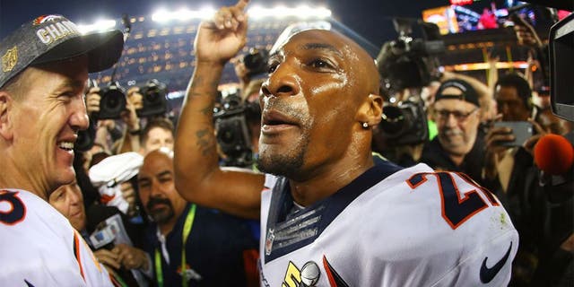 SANTA CLARA, CA - FEBRUARY 07: Aqib Talib #21 of the Denver Broncos celebrates after defeating the Carolina Panthers during Super Bowl 50 at Levi's Stadium on February 7, 2016 in Santa Clara, California. The Broncos defeated the Panthers 24-10. (Photo by Ronald Martinez/Getty Images)
