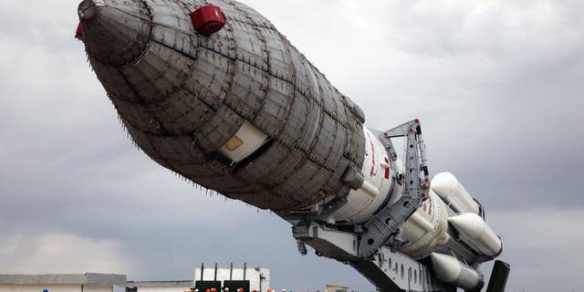 A Russian Proton-M rocket carrying the British telecommunications satellite Inmarsat-5 F3 is mounted on a launch pad at the Russian leased Baikonur cosmodrome on August 25, 2015. The launch of the rocket is scheduled on August 28. AFP PHOTO / STRINGER (Photo credit should read -/AFP/Getty Images)