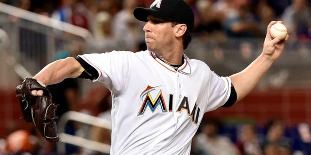 May 6, 2016; Miami, FL, USA; Miami Marlins relief pitcher Craig Breslow (17) throws against the Philadelphia Phillies during the sixth inning at Marlins Park. The Marlins won 6-4. Mandatory Credit: Steve Mitchell-USA TODAY Sports