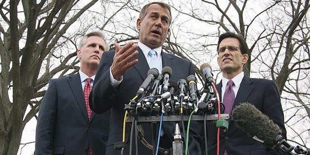 Feb. 9: House Speaker John Boehner, center, accompanied by House Majority Leader Eric Cantor, right, and House Majority Whip Kevin McCarthy outside the White House.