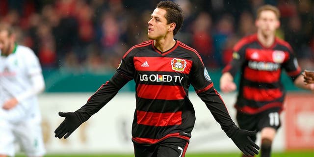Leverkusen's Mexican striker Javier Hernandez celebrates after a goal during the German Cup (Pokal) quarter final football match Bayern 04 Leverkusen v SV Werder Bremen on February 9, 2016 in Leverkusen. / AFP / PATRIK STOLLARZ / RESTRICTIONS: ACCORDING TO DFB RULES IMAGE SEQUENCES TO SIMULATE VIDEO IS NOT ALLOWED DURING MATCH TIME. MOBILE (MMS) USE IS NOT ALLOWED DURING AND FOR FURTHER TWO HOURS AFTER THE MATCH. == RESTRICTED TO EDITORIAL USE == FOR MORE INFORMATION CONTACT DFB DIRECTLY AT +49 69 67880 / (Photo credit should read PATRIK STOLLARZ/AFP/Getty Images)