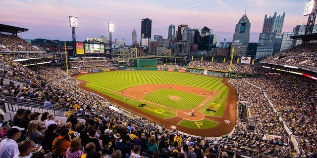 PITTSBURGH, PA - AUGUST 21: A general view of PNC Park from the upper duck at dusk during the game between the Pittsburgh Pirates and the San Francisco Giants at PNC Park on August 21, 2015 in Pittsburgh,Pennsylvania. (Photo by Rob Tringali/SportsChrome/Getty Images)