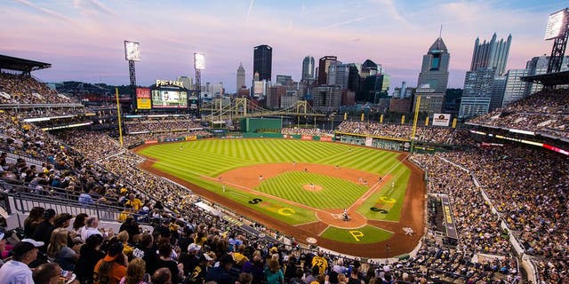 PITTSBURGH, PA - AUGUST 21: A general view of PNC Park from the upper duck at dusk during the game between the Pittsburgh Pirates and the San Francisco Giants at PNC Park on August 21, 2015 in Pittsburgh,Pennsylvania. (Photo by Rob Tringali/SportsChrome/Getty Images)