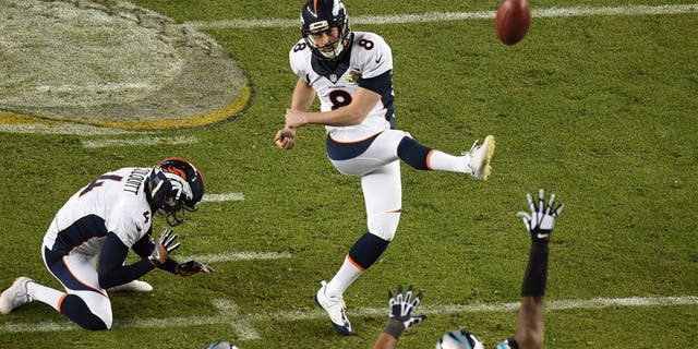 Feb 7, 2016; Santa Clara, CA, USA;Denver Broncos kicker Brandon McManus (8) kicks a third quarter field goal in Super Bowl 50 at Levi's Stadium. Mandatory Credit: Ed Szczepanski-USA TODAY Sports